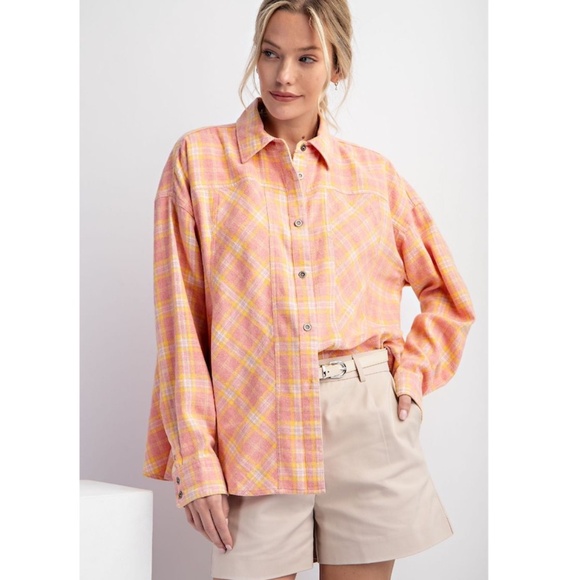 "The Soranya" Coral Plaid  Button Down Oversized Shirt - Picture 1 of 3